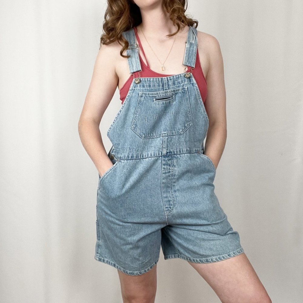 Vintage Oversized Rigid Denim High Rise Straight Leg Jean Romper Overall Shorts - Picture 3 of 10